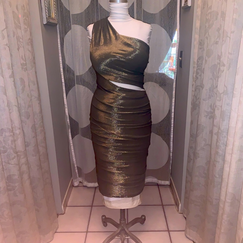 Bronze one shouldered circular seam dress with opening on the high hip..